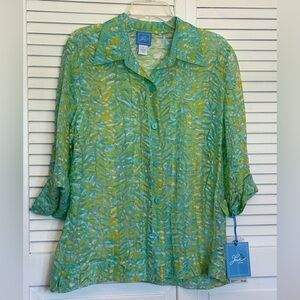 Lash Lane Ladies Sheer Green/Yellow Tropical Breeze Design Shirt. Sz 16. NWT